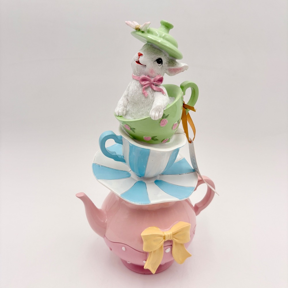 Bella Lux Bunny Teapot Stack Easter Spring Figurine Home Decor Accent